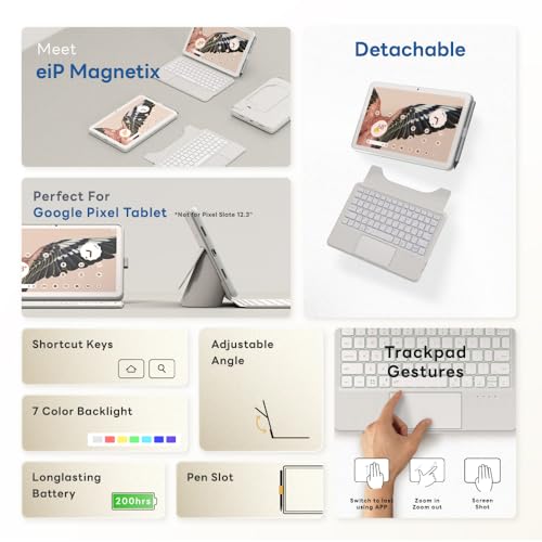 Image of EIP Magnetix Keyboard Case for Google Pixel Tablet 11 inch 2023, White | Detachable magnetic keyboard, adjustable viewing angle, speaker dock compatible, 7-color backlit keys, easy carry design