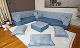 L Shaped Arabic Sofa, Bench Cushion, Arabic Couch, Moroccan Sofa Set, Turkish Floor Sofa, Diwan Sofa, Floor Seating, Arabic Jalsa (8'' Thickness Sofa, L Sofa + Ottoman + Pillows, Blue)