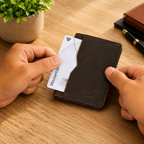 Image of Slim Credit Card Holder Wallet for Men & Women - RFID Blocking Minimalist Mens Wallets - Thin Bifold Leather Front Pocket Card Case with Gift Box, Dark Brown, Minimalist