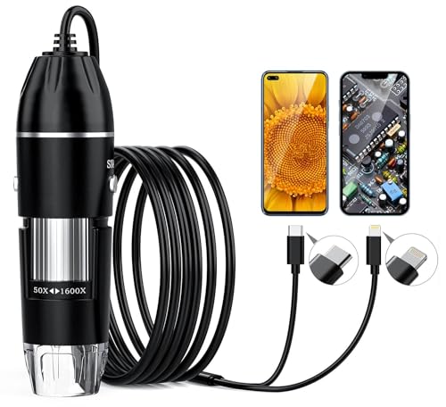 Image of Digital Microscope USB Type-C and Lightning, Handheld USB Inspection Camera 50x-1600x Magnification Portable Handheld Pocket Microscopes with 8 LED & Stand, Compatible with iPhone, Android