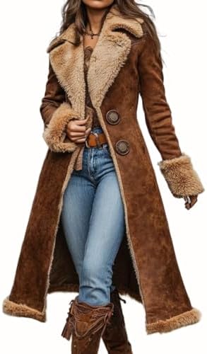Ru Sweet Women's Winter Faux Suede Sherpa Fleece Lined Jacket Fuzzy Long Sleeve Warm Trench Overcoat