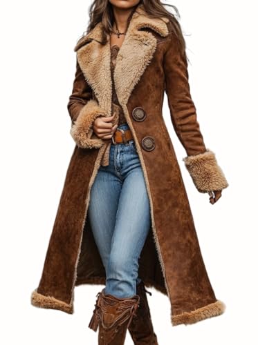chouyatou Women's Faux Suede Sherpa Lined Midi Long Jacket Fleece Notch Lapel Winter Trench Coat (XX-Large, Brown)