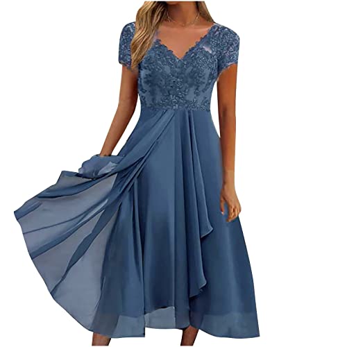 HOKCUS Semi Formal Dresses for Women Summer Women's Short Sleeve V-Neck Paneled Ruched Dresses Plus Size Tie-Dye and Flower Printed Irregular Flowy Dresses 03-Blue 3X-Large