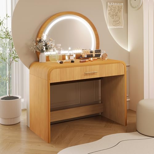Image of JIVOIT 39 inch Vanity Table with Mirror, Makeup Vanity Table with Removable Mirror, Dressing Table with Drawer, Curved Edges and Elegant Design, Modern Dressing Table Desk for Bedroom