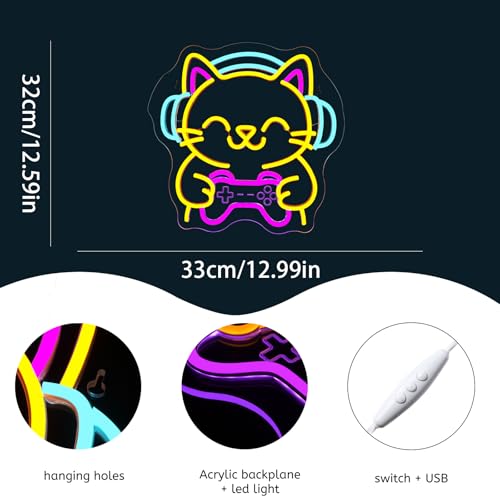 Image of Ineonlife Game Cat Neon Sign for Wall Decor Light Up Cute Animal Led Signs for game room Acrylic Art Decor for home bar bedroom cafe man cave Decorations 12.99x12.6 inch USB POWER
