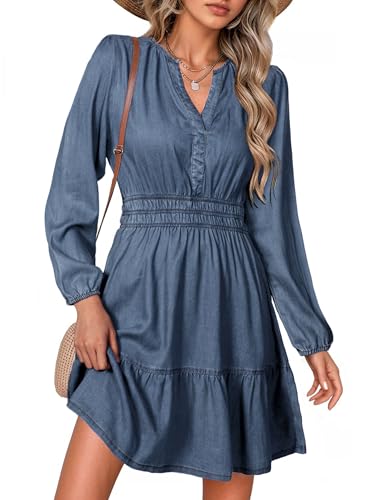 Simplee Womens Fall Denim Dress - Casual Long Sleeve V Neck Empire Waist Ruffle A Line Flowy Short Jean Dresses with Pockets,Denim Deep Blue,L