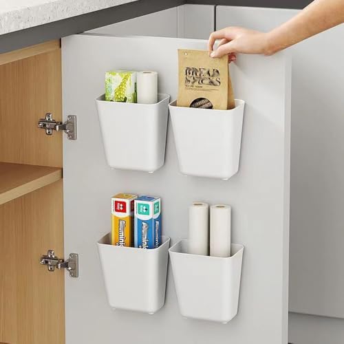 Nmgkokew 4 Stück Küchenschranktür-Aufbewahrungsbox,Selbstklebendes Wandmontierte Aufbewahrungsbox, Schrank/Badezimmer/Kühlschrank Kleine Gegenstände Organizer