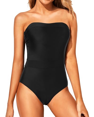 Holipick Strapless Bandeau One Piece Swimsuits Color Block for Women Full Coverage Bathing Suits Halter Swimwear
