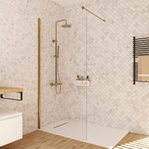 BAIKAL Mampara de Ducha. Panel Fijo de 100cm. Perfil Oro Mate. Cristal Transparente Templado 8mm de espesor. Tratamiento Antical. Alto 195 cm. Brazo adaptable 60-100cm.