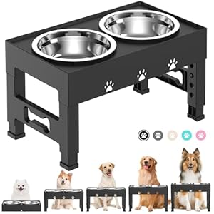 Elevated Dog Bowls with 2 Stainless Steel Bowls, Raised Dog Food Bowl Stand 5 Height Adjustable (3.1″, 9″, 10″, 11″, 12″) Non-Slip Feeder Station Set for Medium and Large Dogs – Black