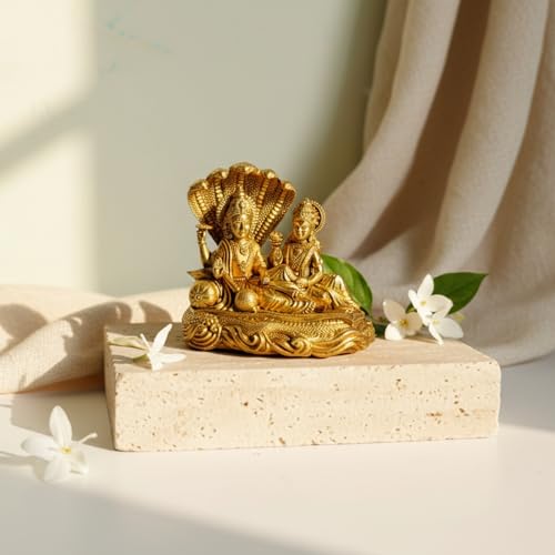 Image of eCraftIndia Brass Vishnu Lakshmi Idol with Sheshnaag | God Murti for Home Decor, Pooja, Temple & Diwali Housewarming Gift
