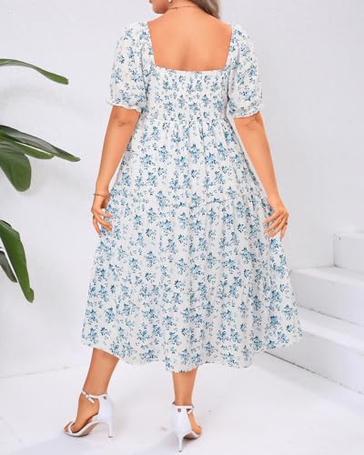 Image of Plus Size Summer Dresses - Sweetheart Neck Drawstring Puff Sleeve Casual Tiered Aline Flowy Midi Dress
