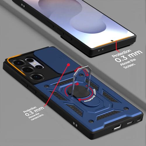 Image of Pikkme Back Cover for Samsung Galaxy S25 Ultra 5G | 360 Protection Case | Sliding Camera Shield Cover & Ring Holder Stand D10 Tough Armor Bumper Case (Blue)