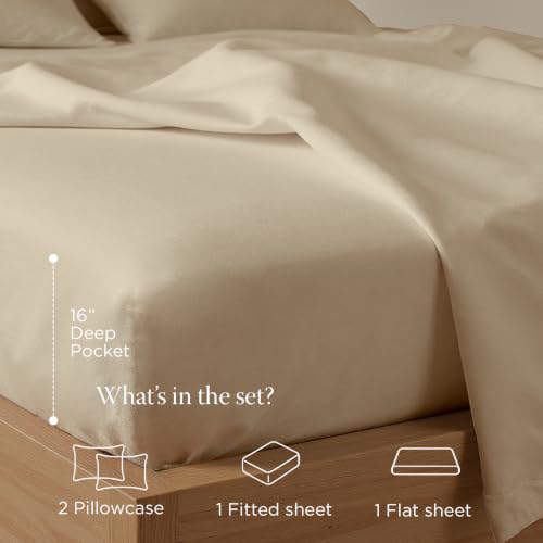 Image of Threadmill 300 Thread Count Cotton King Sheet Set, Sateen, Solid, Beige | 100% Cotton, Sateen Weave, 4-Piece Set, Breathable, All-Season, Lightweight, OEKO-TEX Certified, Machine Washable