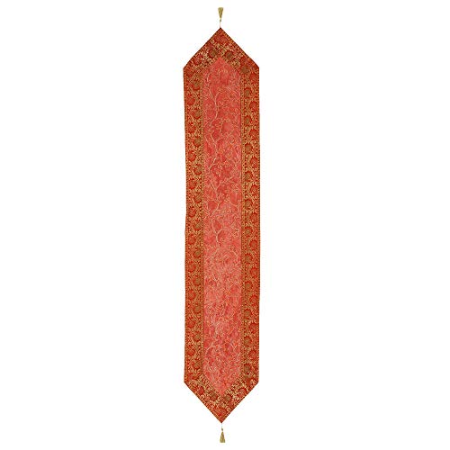 Image of Ari Zari Embroidery Table Runner for ining Table 6 Seater 72IN Indian Satin Traditional Long Runner Up with Tassels Tablecloth for Room & Runner (Peach)