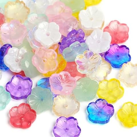 Juimtien 100pcs Random Glass Aesthetic Flower Beads 5-Petal Floral Beads Caps Colorful Floral Charms Cherry Blossom Spacer Beads for DIY Jewelry Bracelet Necklace Craft Making Cover