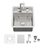 Logmey 15 Inch Outdoor Kitchen Sink Undermount 15x17 Stainless Steel 16 Gauge Handmade RV Sinks with Cover Foldable Faucet Single Bowl Bar Sinks 15x17x9