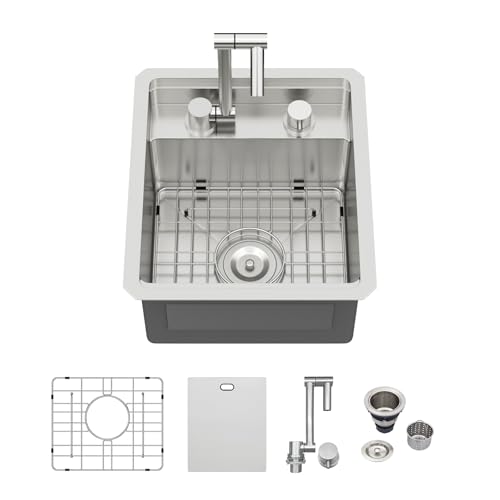 Logmey 15x17 Outdoor Kitchen Sink Undermount with Foldable Faucet and Cover,16 Gauge Stainless Steel...