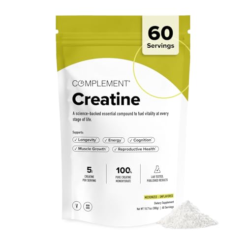 Image of Complement Creatine Monohydrate Micronized Powder - Pre-Workout, Post-Workout, Muscle Recovery, Brain Health, Longevity, Energy Supplements for Women and Men - Vegan, Unflavored (5g, 60 Servings)