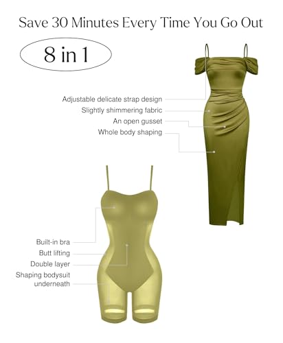 Image of Popilush Wedding Guest Dresses for Women Off Shoulder Shapewear Maxi | Multi-Way Wear, Built in Bra, Light Tummy Control, Ruched Satin Formal Cocktail Evening Bridesmaid Dress