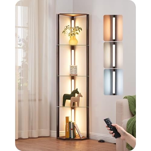 EDISHINE Floor Lamp with Shelves, 5-Tier Glass Display Shelf with Remote/Foot Control, 5CCT & Dimmable Corner Shelf Lamp, Open Display Cabinet, Floor Lamps for Living Room, Bedroom, Walnut C