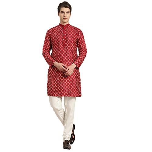 Image of SOJANYA, Men's Silk Blend NavyBlue Kurta with Multi Color Embroidery and Off-White Pyjama