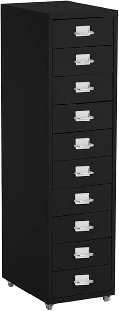 BTGGG Heavy Duty Filing Cabinet with 10 Drawer, Metal Mobile Large Storage File Cupboard Cabinet Drawer for Office Study Home Furniture, 28 x 41 x 109.5 cm, Black
