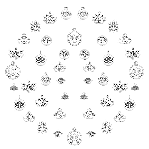 SUNNYCLUE 1 Boîte 88Pcs 11 Styles Lotus Yoga Om Ohm Fleur Charmes Breloques Liens Connecteurs Perles Résultats de Bijoux Accessoires pour DIY Boucle d'oreille Collier Bracelet Fabrication de Bijoux Cover