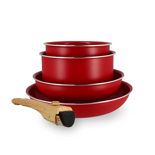 MENASTYL - Batterie de Cuisine Amovible Empilable - Tous Feux Dont Induction - Revêtement Céramique Antiadhésif sans PFAS - Gamme Colorama - Couleur Magenta - 2 Poêles + 2 Casseroles + 1 Poignée