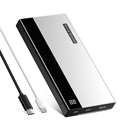 Ombar Batería Externa 20000mAh Power Bank para Móvil Carga Rapida Cargador Portátil con 2 Entradas y 2 Puertos USB para Smartphones Tabletas-Argentado