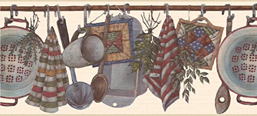 Dundee Deco Ddazbd9272 Peel And Stick Wallpaper Border - Kitchen Red Grey Brown Cooking Untensils Wall Border Retro Design, 15 Ft X 7 In (4.57M X 17.78Cm), Self Adhesive #TOP4