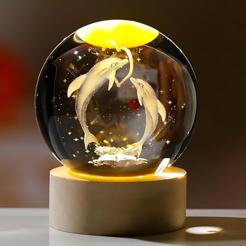 Image of 3D Crystal Ball Night Light with Wooden Base, Aesthetic Clear LED Lamp for Home and Bedroom Touch Switch, Warm Light for Kids and Teens Perfect Birthday & Anniversary (Dolphin Lamp)