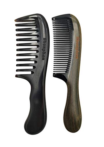 Shonphen Handmade sandalwood comb handle and ebony comb handle, buffalo horn comb teeth wide teeth, and narrow teeth. Anti-static, no harm to hair. 2 wooden combs…