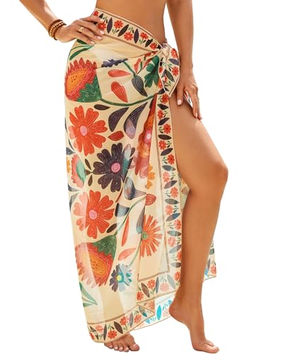 Eicolorte Women Sheer Sarong Chiffon Cover Up Floral Print Beach Wrap for Summer Vacation