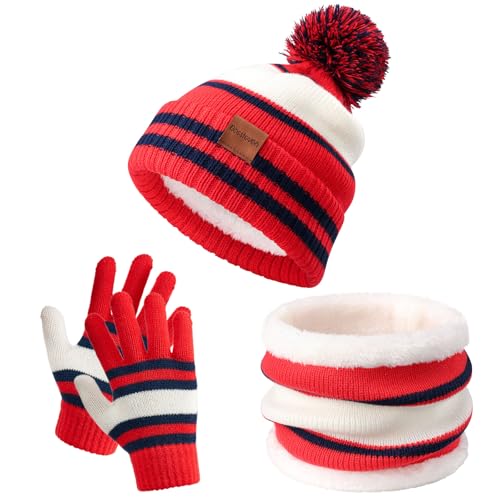 Image of Kids Winter Hat Gloves Scarf Set: Girls Boys Beanie Fleece Lined Ages 6-10