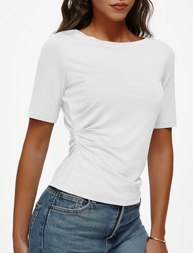 Women's Half Sleeve Boat Neck Shirts Ruched Side Slim Fit Basic Casual T Shirts Summer Casual Tee Tops Cream White3