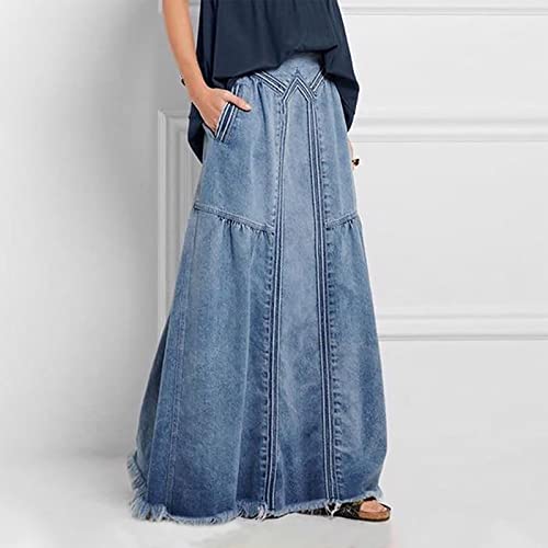 Retro Elastic High Waisted Denim Skirts for Women Vintage Casual Stretchy A Line Maxi Jean Skirt with Pockets2