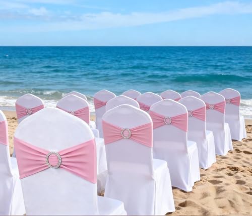 Image of 50 Pack Pink Chair Sashes, Light Pink Spandex Chair Bands for Wedding Gender Reveal Party Decor, Baby Pink Bows for Folding Chairs