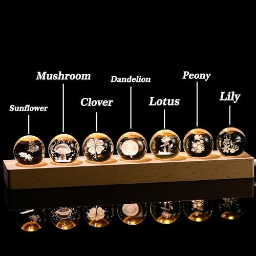 Image of Qianwei 3D Crystal Ball Flower Decor Crystal Ball with Led Lamp Base - Best Birthday Gifts for Man Teacher Boy Kids Girls Men - Sunflower Mushroom Clover Dandelion Lotus Peony Lily