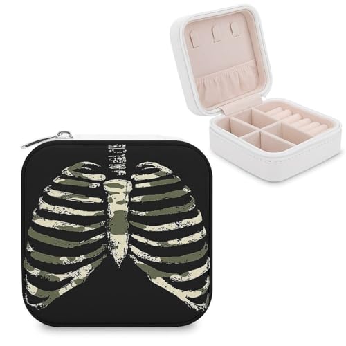 Jubonexis Caja de joyería pequeña con contorno de jaula de costilla en colores de camuflaje, organizador de joyas, portátil, de piel sintética, mini estuche de viaje