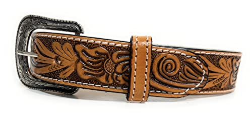Kids Western Leather Belt. Tulip Decorated Heavy Duty Little Cowboy Rodeo Belt. (18, Honey)