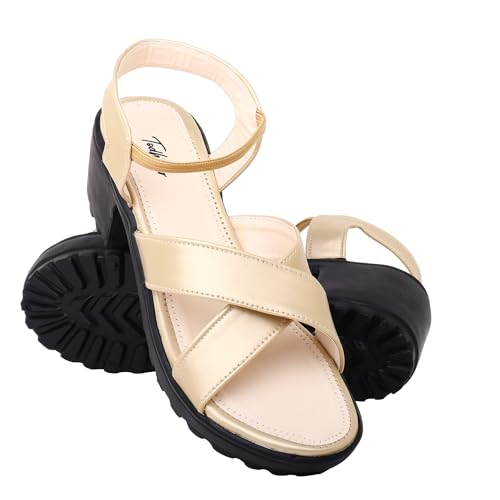Image of Todhwear Women's Cross-Strap Block Heel Sandals, Gold, Chunky High Heel with Ankle Elastic Strap, Open Toe Wedges