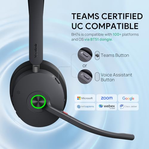 Image of Yealink BH74 Bluetooth Headset with Mic for Work,Hybrid ANC,Teams Certified | 6 AI Active Noise Cancelling Mic for Clear Call, Flip to Mute, 32H Talk Time,160ft Wireless Range for Open Office Hybrid Work