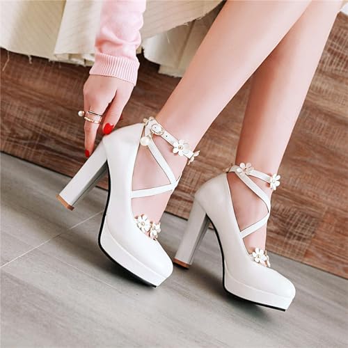 Women's Mary Jane Chunky Platform Strappy Pumps Closed Round Toe Block High Heels Ankle Buckle Cross Strap Flower Pearl Dress Ladies Shoes for Wedding Party4