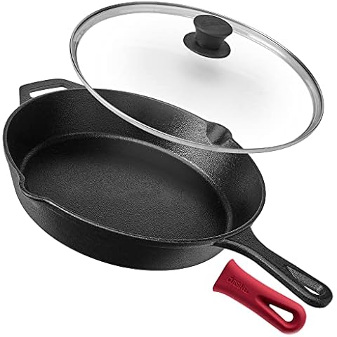 Cuisinel Cast Iron Skillet with Lid - 12"-Inch Frying Pan + Glass Cover + Silicone Handle Holder - Pre-Seasoned Oven Safe Cookware - Indoor/Outdoor Use - Grill, BBQ, Fire, Stovetop, Induction Cover