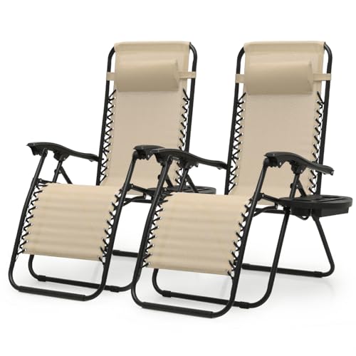 OS MOTOR Sillas Zero Gravity, sillas reclinables plegables portátiles con almohada ajustable y bandejas para portavasos para exteriores, patio, playa, camping, jardín, piscina, juego de 2 unidades,