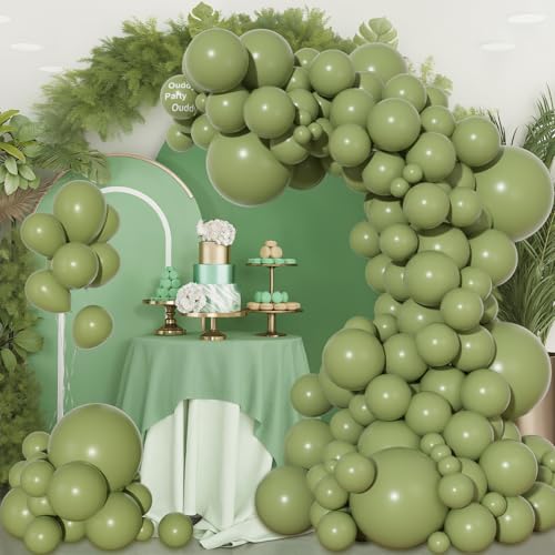 Image of Ouddy Party 129Pcs Sage Green Balloon Arch Garland Kit in 18 12 10 5 Inch | Different Sizes 6Pcs 18 inch Olive Green Latex Balloons for Birthday Engagement Wedding Jungle Safari Party Decorations