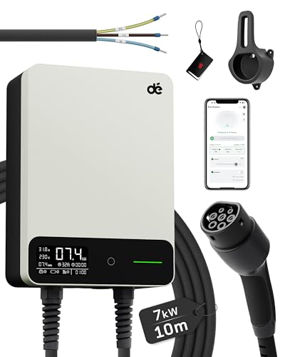 dé Wallbox 7,4 kW Tipo 2 con App, Cavo Tipo 2 10m, RFID, Wallbox Monofase 6-32A 230V, Colonnina Ricarica Auto Elettrica 7kW con RCD Tipo A 30mA AC + 6mA DC, IP54, per E-208 e Altri BEV/PHEV, Bianco