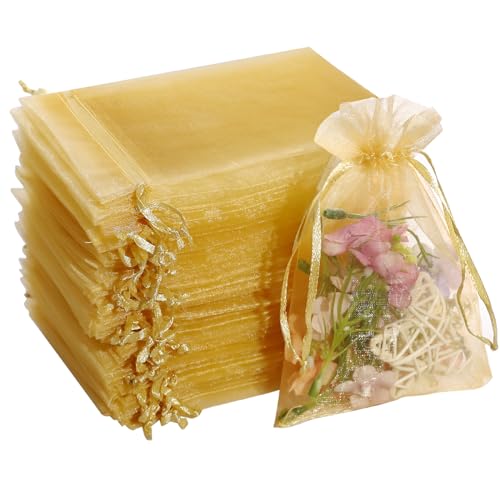 Image of Hopttreely 100pcs Gold Organza Gift Bags, 4 x 6 inch Satin Drawstring Candy Mesh Favor Bags Jewelry Pouches for Christmas Wedding Party