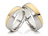 2 Eheringe Hochzeitsringe Trauringe Verlobungsringe aus Edelstahl, Bicolor gold silbern, mit 3 Zirkonia & gratis Gravur